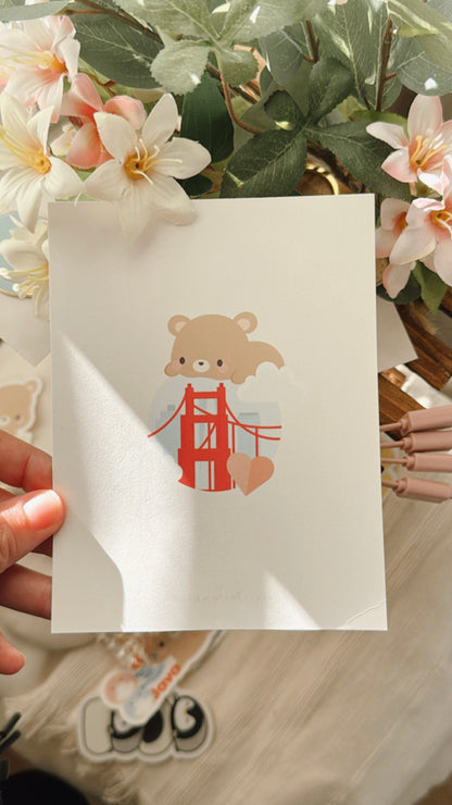 4x6" Art Print One-Sided Card: San Francisco Golden Gate with Brown Bear Toffee