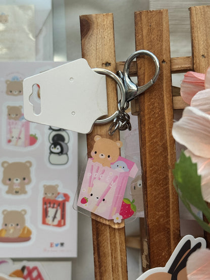 Strawberry Pink Pocky Brown Bear Toffee Blue Penguin Acrylic Keychain with Swivel Key Ring | Cute Gift Ideas Under 10 | Gifts for Everyone