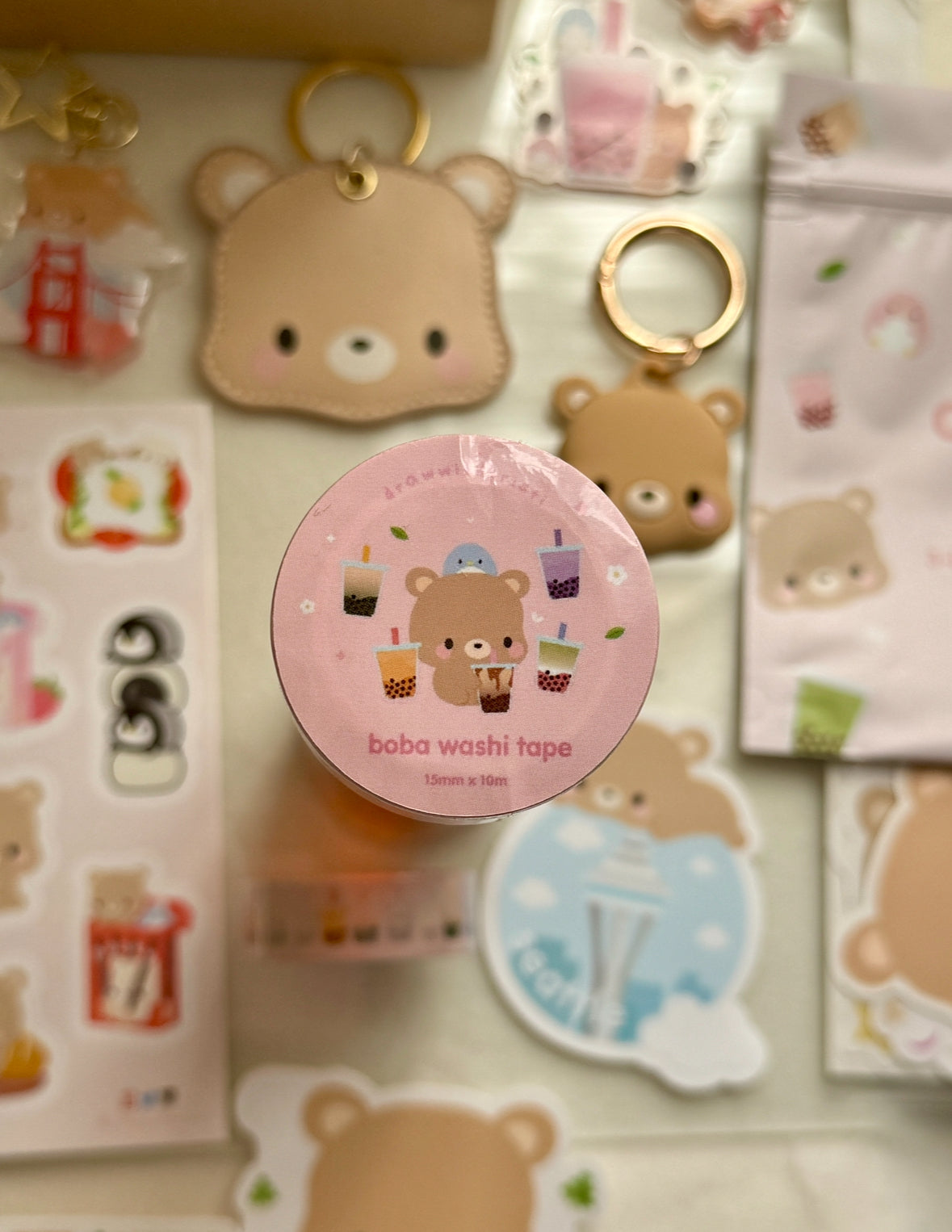 Brown Bear Toffee Bubble Tea Milk Tea Strawberry Matcha Thai Taro Brown Sugar Pastel Pink Washi Tape | 15mm x 10m