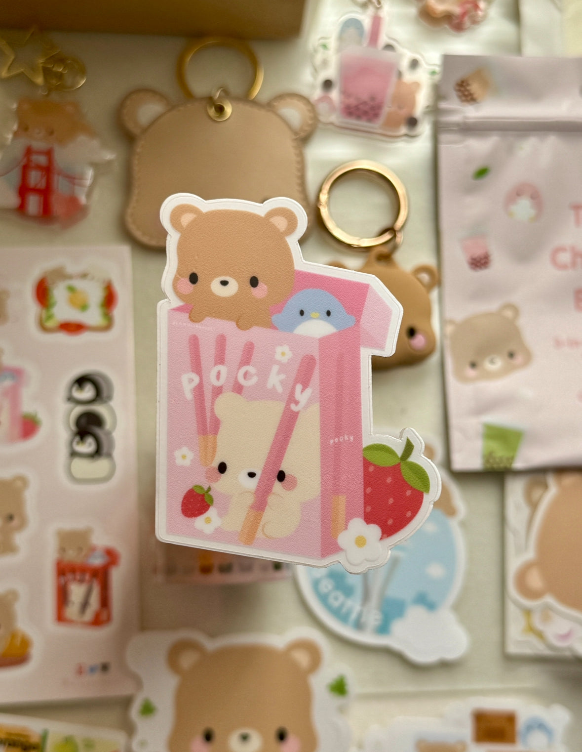 Brown Bear Cream Bear and Blue Penguin Strawberry Pocky Vinyl Clear Sticker