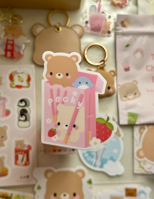 Brown Bear Cream Bear and Blue Penguin Strawberry Pocky Vinyl Clear Sticker