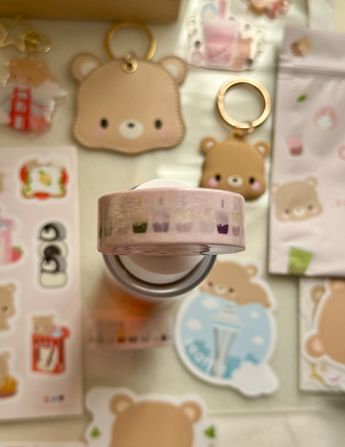 Brown Bear Toffee Bubble Tea Milk Tea Strawberry Matcha Thai Taro Brown Sugar Pastel Pink Washi Tape | 15mm x 10m