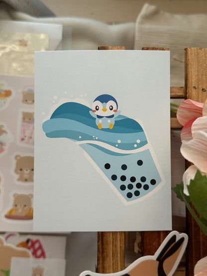 Pokemon Piplup Boba Milchtee Illustration Mini Kunstdruck | 3,5" x 4,5" Postkarte, glänzend