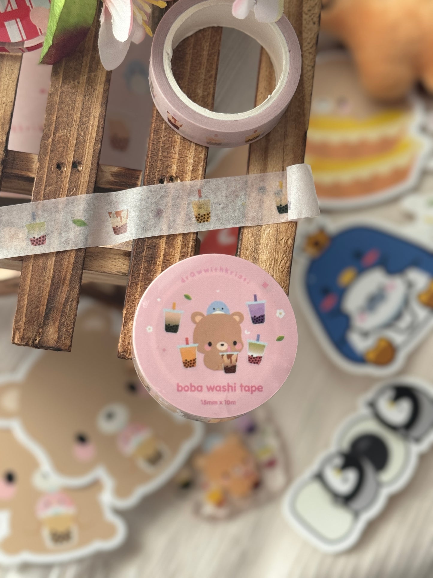 Brown Bear Toffee Bubble Tea Milk Tea Strawberry Matcha Thai Taro Brown Sugar Pastel Pink Washi Tape | 15mm x 10m