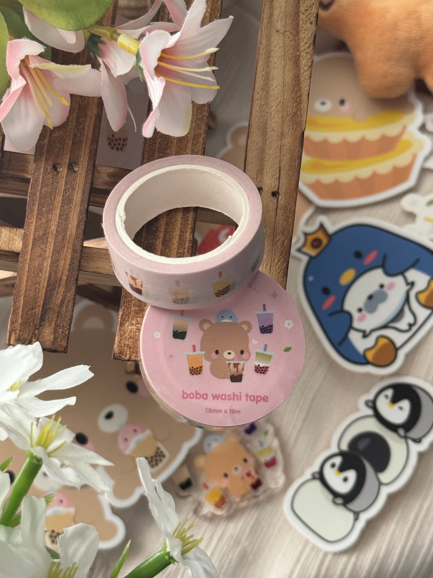 Braunbär Toffee Bubble Tea Milchtee Erdbeere Matcha Thai Taro Brauner Zucker Pastellrosa Washi Tape | 15 mm x 10 m