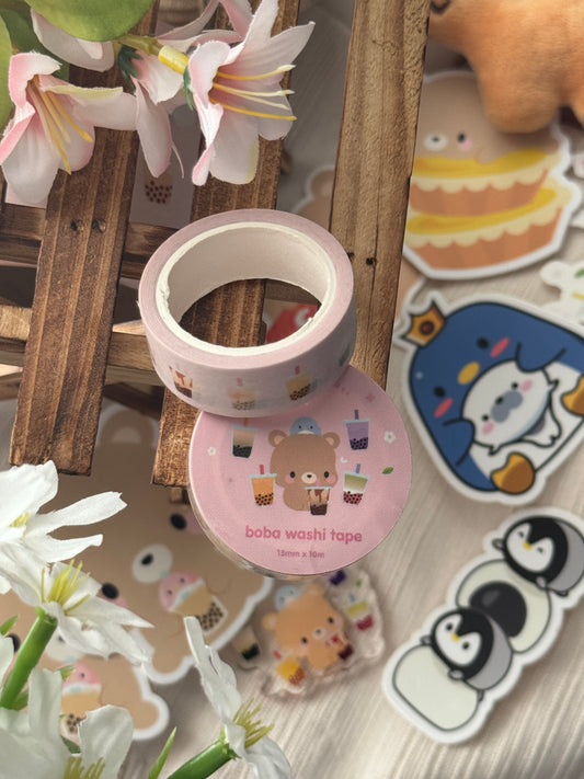 Brown Bear Toffee Bubble Tea Milk Tea Strawberry Matcha Thai Taro Brown Sugar Pastel Pink Washi Tape | 15mm x 10m