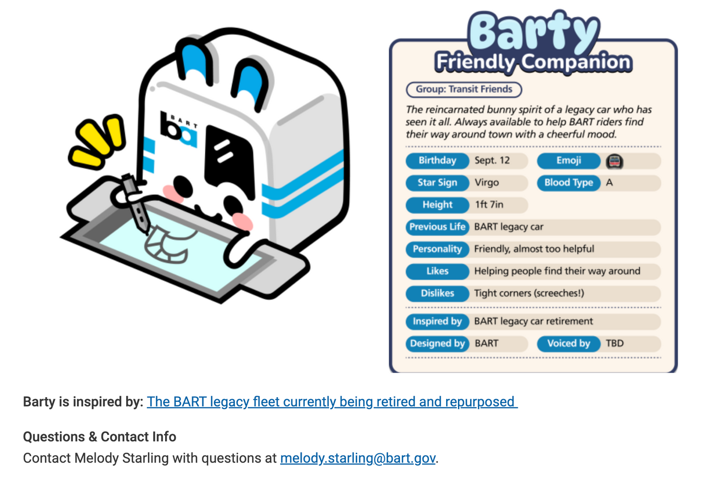 Screenshot of Barty from BART.gov website with proper credit to Melody.