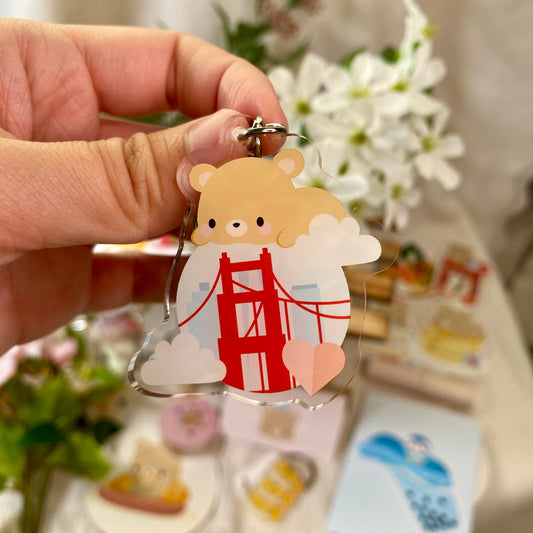 San Francisco Golden Gate Bridge Brown Bear Toffee Acrylic Keychain With Swivel Key Ring | Bay Area Souvenir Idea | California Gift