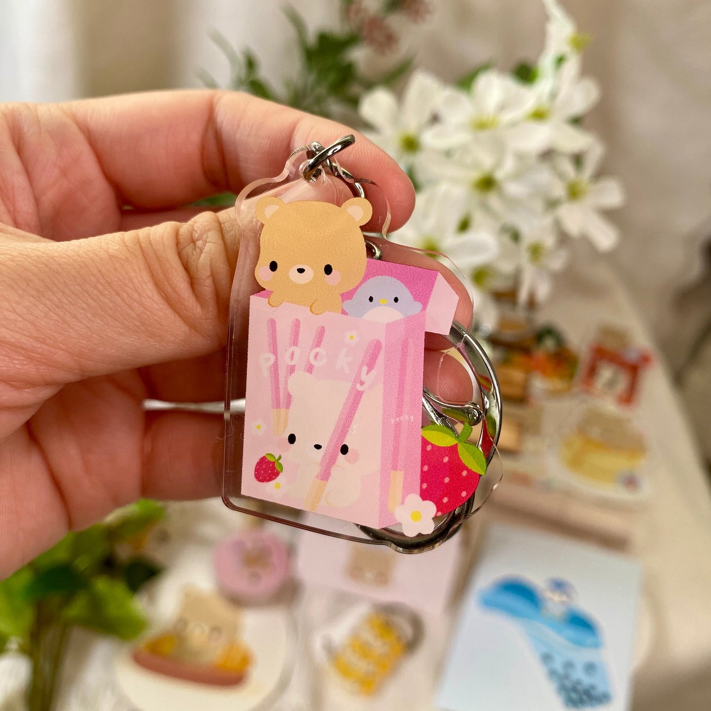 Strawberry Pink Pocky Brown Bear Toffee Blue Penguin Acrylic Keychain with Swivel Key Ring | Cute Gift Ideas Under 10 | Gifts for Everyone