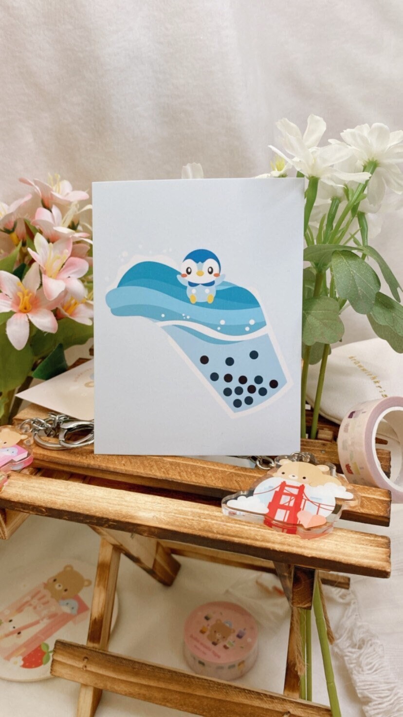 Pokemon Piplup Boba Milk Tea Illustration Mini Art Print | 3.5" x 4.5" Postcard Glossy