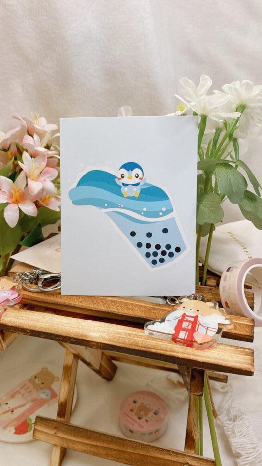 Pokemon Piplup Boba Milk Tea Illustration Mini Art Print | 3.5" x 4.5" Postcard Glossy