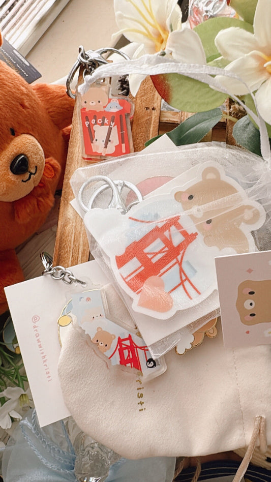 Mini Gift Set: San Francisco Bay Area Golden Gate Bridge Brown Bear - Keychain and Sticker Set